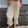 Women Pant Set Satin Lace Round Neck Puff Long Sleeve Button Front Drawstring Waist Blouse Cuffed Ruffle Hem Pants Elegant Suit