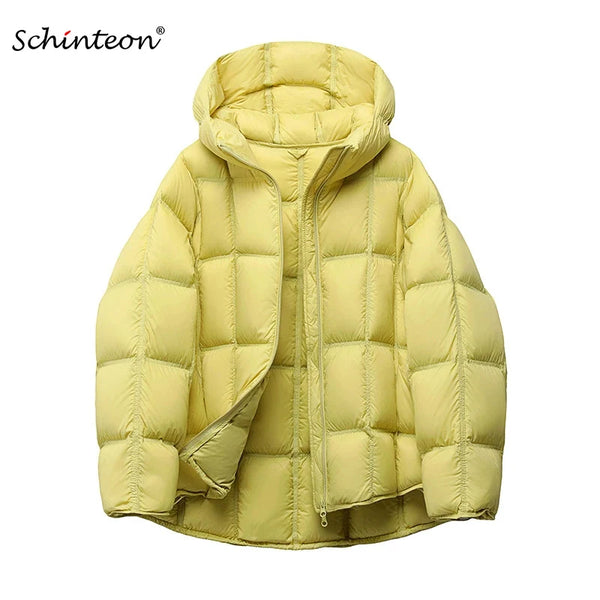 Women Light White Down Jacket with Hood Loose Over Size Casual Autumn Winter Outwear Square Warm Short Coat