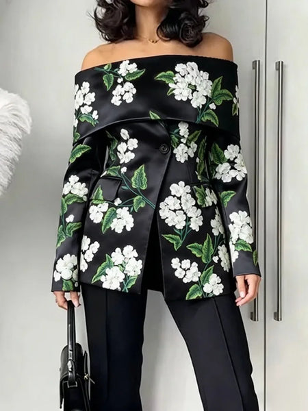 Women's Elegant Floral Printesd Off-Shoulder Blazer Jacket Long Sleeves Single Button Zipper Party Evening Thin Outerwear