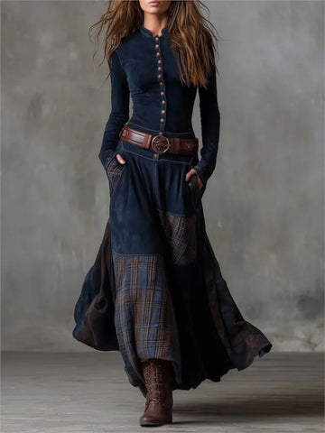 Stand Collar Plaid Patchwork Maxi Dresses Women Autumn Winter Long Sleeve Elegant Party Dress Vintage Buttons Ladies Dress