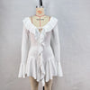 Sexy Black White Patchwork Ruffles Short Dress Women's Long Flare Sleeve Lace-up Evening Party Mini Dresses Female Blue Pink Red