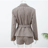 Women Checked Belt Jacket Shorts Set Retro Chic Full Sleeve Lapel Buttons Pockets Blazer Sets Lady Daily Commute Street Outfit