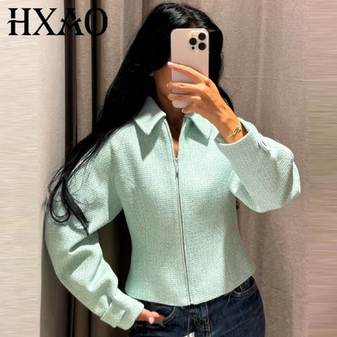 Cropped Tweed Jacket Women's Jacket Demi-Season Zip-Up Long Sleeve Top Mint Green Textured Outerwear Streetwear Coats