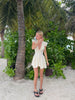 Cream White Polka Dot Mini Dress Women Deep V Neck Short Puff Sleeve Pleated Front Buttons Slim Fit Casual Party Dresses