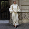 Women Pant Set Satin Lace Round Neck Puff Long Sleeve Button Front Drawstring Waist Blouse Cuffed Ruffle Hem Pants Elegant Suit