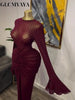 Women Flare Long Sleeve Stacked Dot Mesh See Though with Lining Maxi Long Dress Evening Birthday Sexy Party Dresses