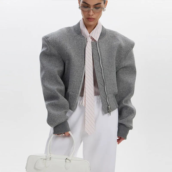 Double Zip Rib Collar Women Cropped Jacket Long Sleeve Side Pockets Loose Oversized Solid Autumn Coats Daily Chic Jackets