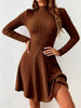 Women's Slim Fit Half High Collar Waist Cinched A-Line Skirt Long Sleeved Pit Stripe Dress