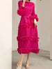 Elegant Women Pleated Dress O Neck 3D Floral Long Sleeves Fungus Spliced Design A-line Dresses Party 2AA1375