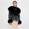Black Fur Collar Leather Jacket Women Chic Solid Full Sleeves Waist Cinching V-neck Short Coat Lady High Street Outerwear