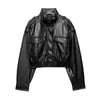 Women's Faux Leather Short Jacket Coat Long Sleeve High Collar Chic Top with Flap Pockets Female Outerwear