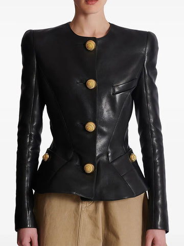 High Street Designer Jacket Women's Slim Fitting Snail Button Artificial Leather Blazer