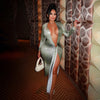 Sexy Gradient Color Irregular Ribbon Dresses Woman Deep V Long Sleeve Shirring Bodycon Dress Elegant Party Clubwear