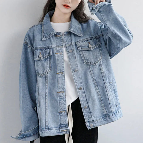 Vintage Women Jacket Autumn Winter Oversize Denim Jackets Washed Blue Jeans Coat Turn-down Collar Outwear Bomber Jacket