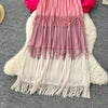 Tassel Patchwok Color Block Dress for Women Pleated Puff Sleeve Mid-calf Dresses Female Autumn