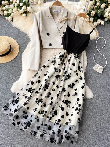 French Style Elegant Two Piece Sets Women Double Breasted Blazer Jacket + Mesh A-line Long Dress Korean Outfits