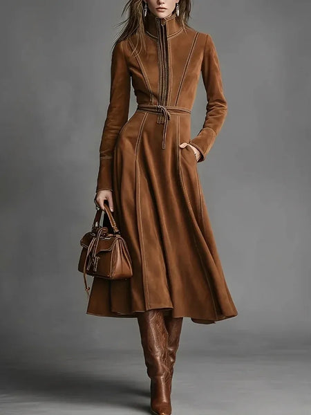 Women Autumn Winter Elegant Vintage Faux Suede Maxi Dress Zip‑Up Waist Tie Belt Cinched‑Waist Long Dress