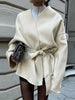 Elegant Fleece Women's Coat Solid V-neck Long Sleeve Belted Lace-Up Cardigan Jacket Autumn Winter Outerwear Female Tops