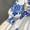 Elegant Blue And White Porcelain Flower Print Dresses Women Stand Collar Lantern Long Sleeve Belt Vintage Single Breasted Robe