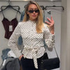Crop Polka Dot Jacket Women's Bomber Jacket Spring Women's Belt Pockets Button Long Sleeve Top Outdoor Outerwears
