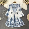 Autumn Women's V-neck Long Sleeved Bohemian Printed Dress Retro Lantern Sleeve Chinese Style Blue White Porcelain Dress