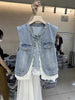 Spring Autumn lace Stitching Denim Vest Jacket Women's Korean Sleevele Waistcoat Cowboy Vest Coat Female Casual Ladies Tops