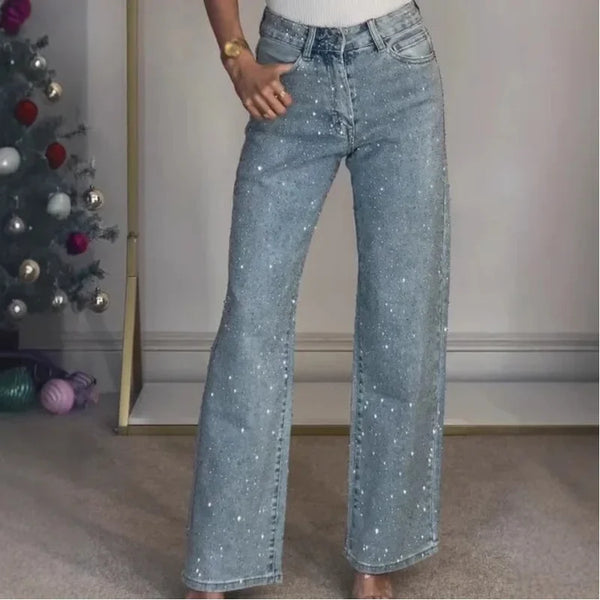 Women Jeans Straight Diamonds Pants Stretch High Waist Washed Mom Jeans Y2k Streetwear Trousers Vintage Denims Streetwear