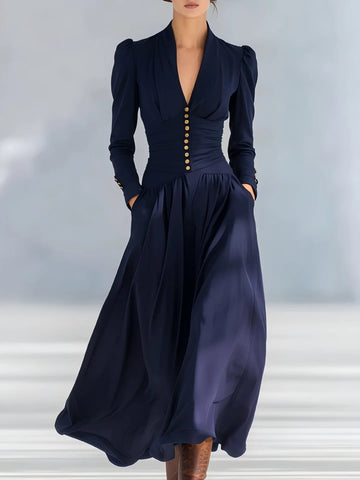 Elegant Long Sleeve Ruched Maxi Dress Women V-neck Buttons Gown Spring Draped Irregular Long Dresses Female Clothing