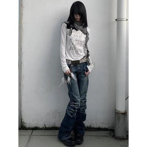 Washed Distressed Micro-flared Jeans for Women Stylish High Street Straight Jeans Harajuku Style Hip Hop Y2k Blue Trousers