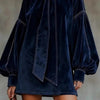 Retro Solid Soft Velvet Elegant Party Dresses Woman Sexy Bowknot Turtleneck Mini Dress Autumn Winter Lantern Sleeve A-Line Dress