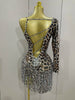 Sparkle Diamond Tassel One Shoulder Leopard Print Stretch Mini Dress Women Birthday Party Sexy Nightclub Stage Costume