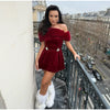 Fur Paneled Off-Shoulder Rhinestone Mini Dress Burgundy Velvet Pleated Evening Elegant Women Dresses Party Chic Lady Gown