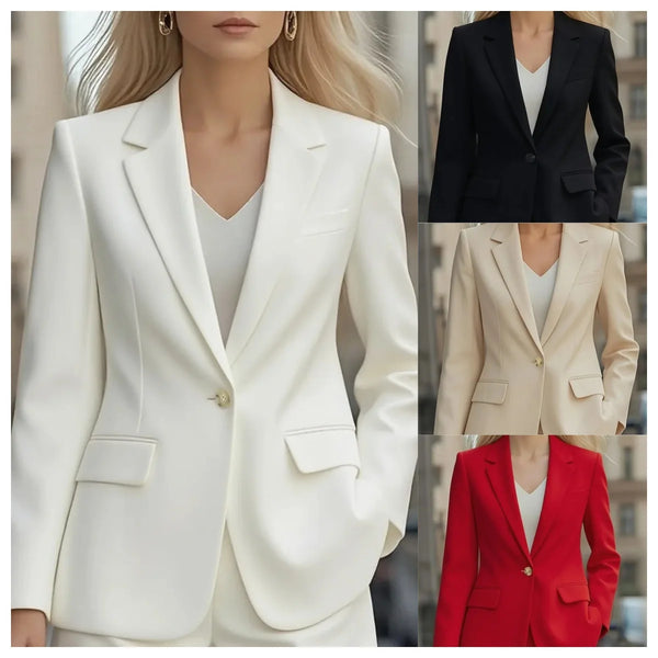 Office Women's Blazer Classic Long Sleeve Button Pocket Cardigan Commuting Simple White Coat for Female