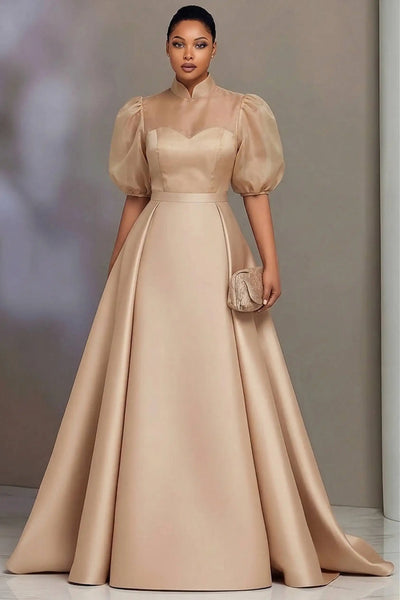 Elegant Plus Size Champagne Satin Evening Gown Puff Sleeve A Line Maxi Dress Formal Wedding Guest Party Dress for Women