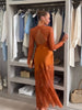 Elegant Women High Neck Lace Satin Patchwork Maxi Dress Long Sleeve Hollow Back Mermaid Hem Female Wedding Guest Party Dress