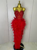 Stock Women Sexy Sparkly Rhinestone Mesh Feather Long Dress Elegant Evening Party Celebrate Birthday Performance Costume