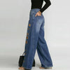 Women Faux Denim Wide Leg Pants High Waist Floral Print Eyelet Hole Decor Loose Baggy Trousers Vintage Street Long Pants