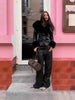 Black Fur Collar Leather Jacket Women Chic Solid Full Sleeves Waist Cinching V-neck Short Coat Lady High Street Outerwear