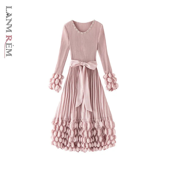 Solid Color Bubble Pleated Women ’s Dress Round Neck Long Sleeve Beaded Waist Pink Dress Spring 2DB7194
