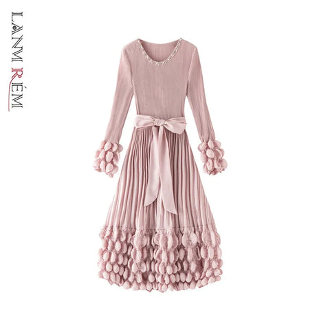 Solid Color Bubble Pleated Women ’s Dress Round Neck Long Sleeve Beaded Waist Pink Dress Spring 2DB7194
