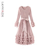 Solid Color Bubble Pleated Women ’s Dress Round Neck Long Sleeve Beaded Waist Pink Dress Spring 2DB7194