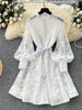 Women Elegant Floral Emboridery Dress Hollow Out Long Sleeve Single Breasted Belt French Court Chic Short A Line Dress