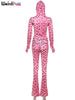 Leopard Contrast Letter Print 2 Piece Set Women Hooded Full Sleeve Crop Jacket+Skinny Stretch Flare Pants Suits