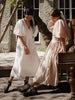 Causal 100% Cotton Women's Dress Vintage Crepe Gauze V-Neck Puff Sleeve Bandage Lace Up Elegant White Dresses Long Maxi Robe