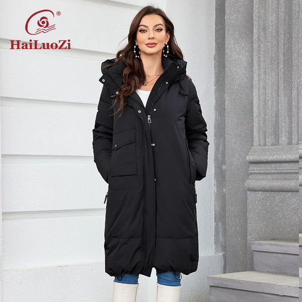 Women Winter Coat Long Thick Parkas Zip Up Warm Female Outwear Slant Pocket Drawstring Hem Women's Jackets 1107