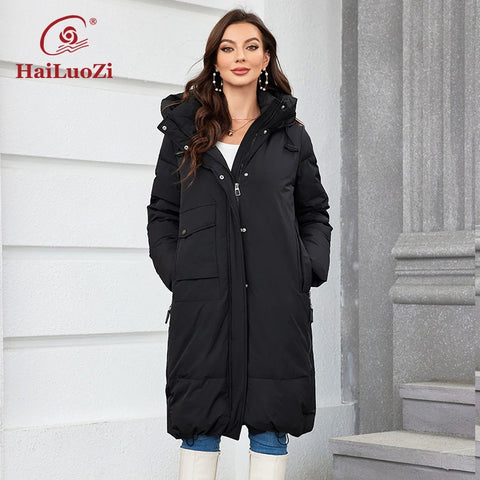 Women Winter Coat Long Thick Parkas Zip Up Warm Female Outwear Slant Pocket Drawstring Hem Women's Jackets 1107