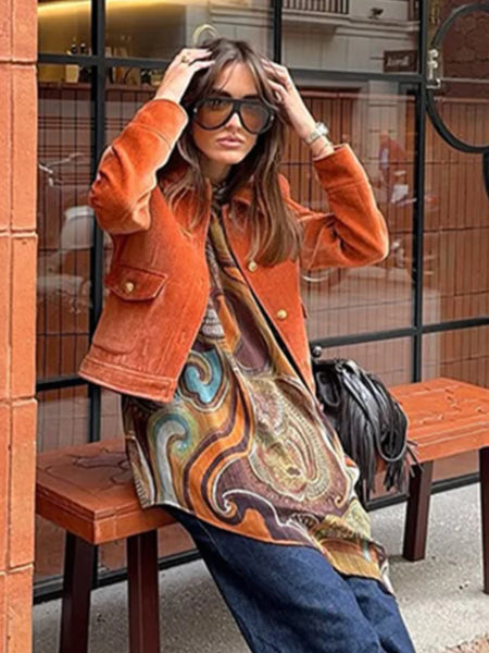 Chic Orange Velvet Lapel Short Jacket Women Solid Loose Single Breasted Full Sleeves Pockets Jackets Lady Casual Daily Wear