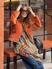 Chic Orange Velvet Lapel Short Jacket Women Solid Loose Single Breasted Full Sleeves Pockets Jackets Lady Casual Daily Wear