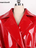 Spring Autumn Long Waterproof Shiny Reflective Black Patent Leather Cocoon Coat Women Sashes Designer Clothes