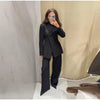 V-Neck Longline Tailored Double-Breasted Blazer Coat Black Peak Lapel Welt Pockets Autumn Elegant Office Women Outerwear